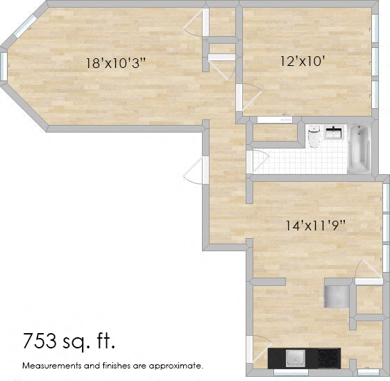 Floor plan for 1 bed, 1 bath, 753 sqft