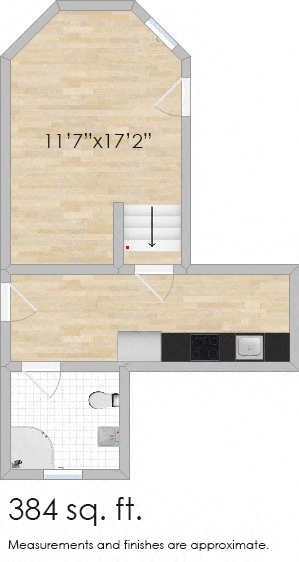 Floor plan for studio, 1 bath, 490 sqft