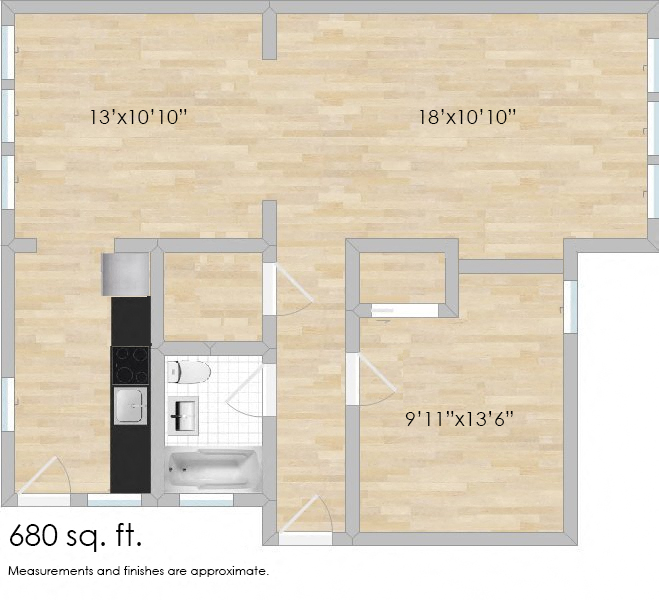Floor plan for 1 bed, 1 bath, 680 sqft