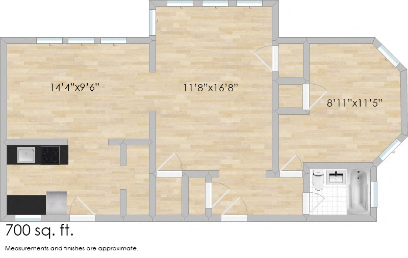 Floor plan for 1 bed, 1 bath, 790 sqft