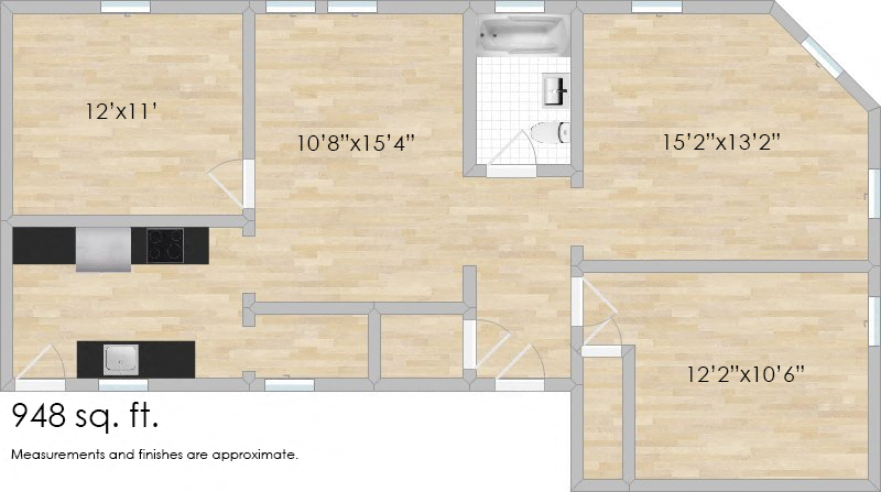 Floor plan for 2 beds, 1 bath, 948 sqft