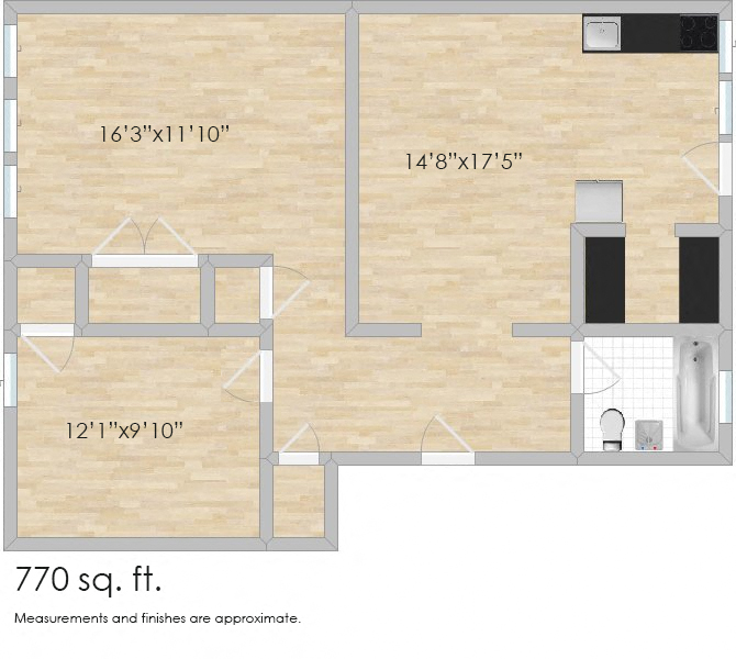 Floor plan for 1 bed, 1 bath, 770 sqft