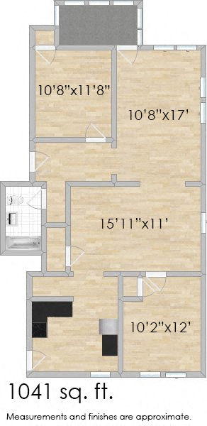 Floor plan for 2 beds, 1 bath, 1041 sqft