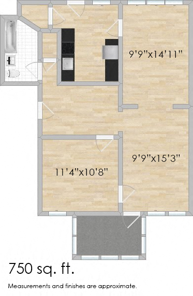 Floor plan for 1 bed, 1 bath, 814 sqft