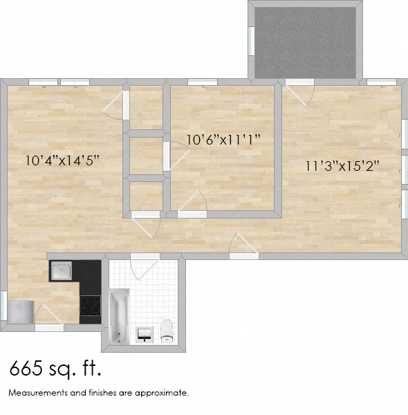 Floor plan for 1 bed, 1 bath, 730 sqft