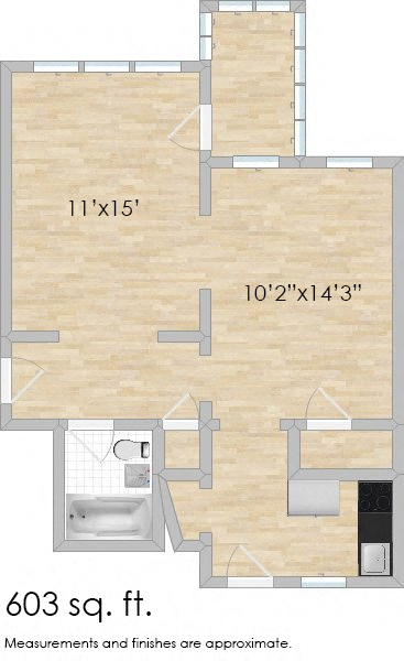 Floor plan for studio, 1 bath, 616 sqft