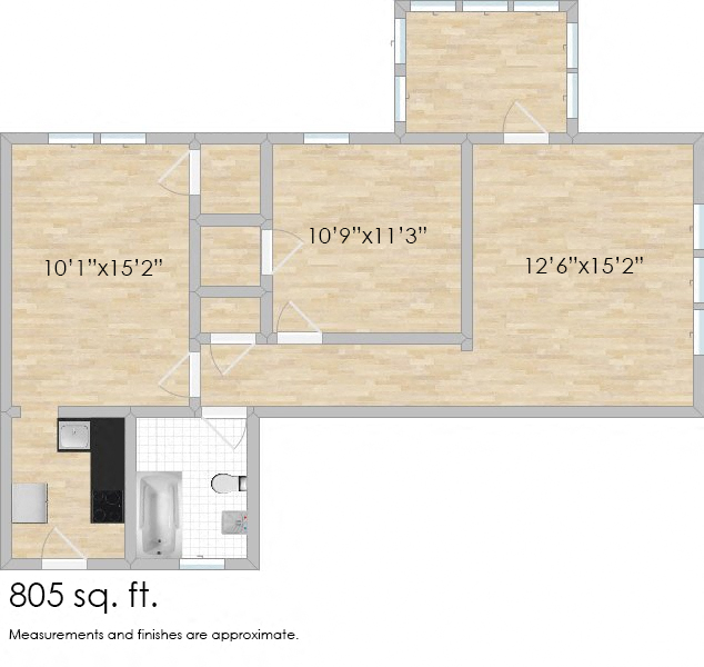 Floor plan for 1 bed, 1 bath, 805 sqft