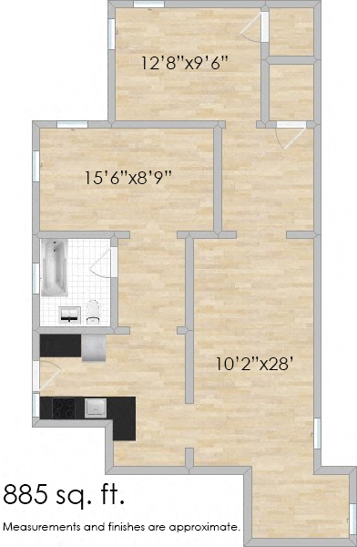 Floor plan for 1 bed, 1 bath, 885 sqft
