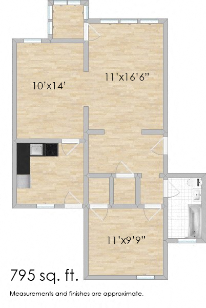 Floor plan for 1 bed, 1 bath, 795 sqft