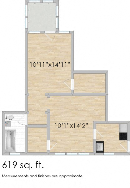 Floor plan for studio, 1 bath, 619 sqft