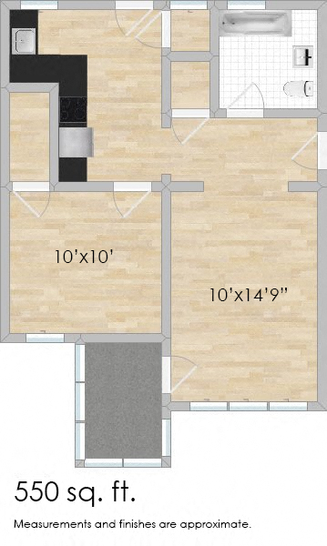 Floor plan for 1 bed, 1 bath, 580 sqft