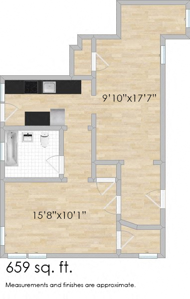 Floor plan for 1 bed, 1 bath, 659 sqft