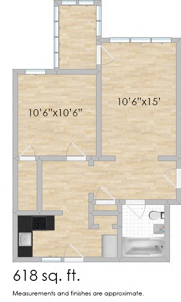 Floor plan for 1 bed, 1 bath, 616 sqft
