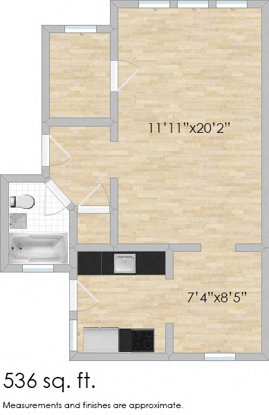 Floor plan for studio, 1 bath, 536 sqft
