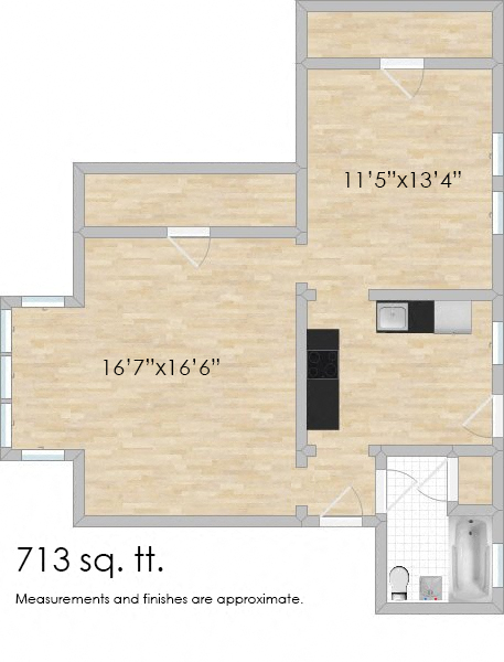 Floor plan for 1 bed, 1 bath, 713 sqft