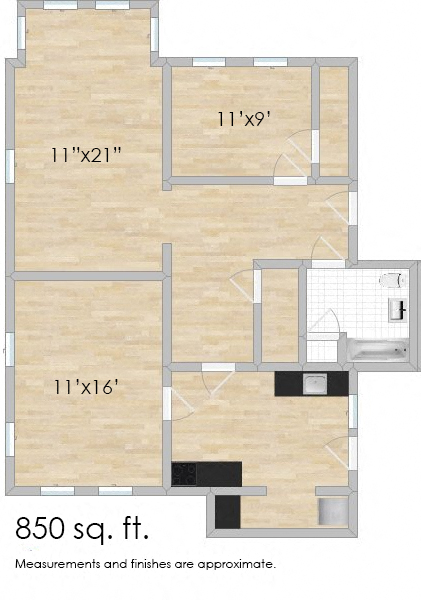 Floor plan for 1 bed, 1 bath, 783 sqft