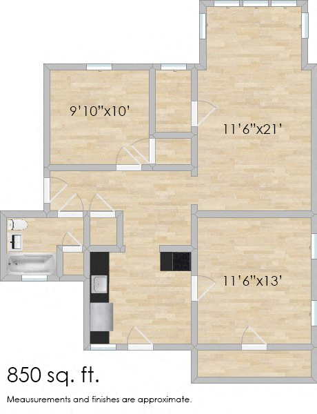 Floor plan for 1 bed, 1 bath, 867 sqft