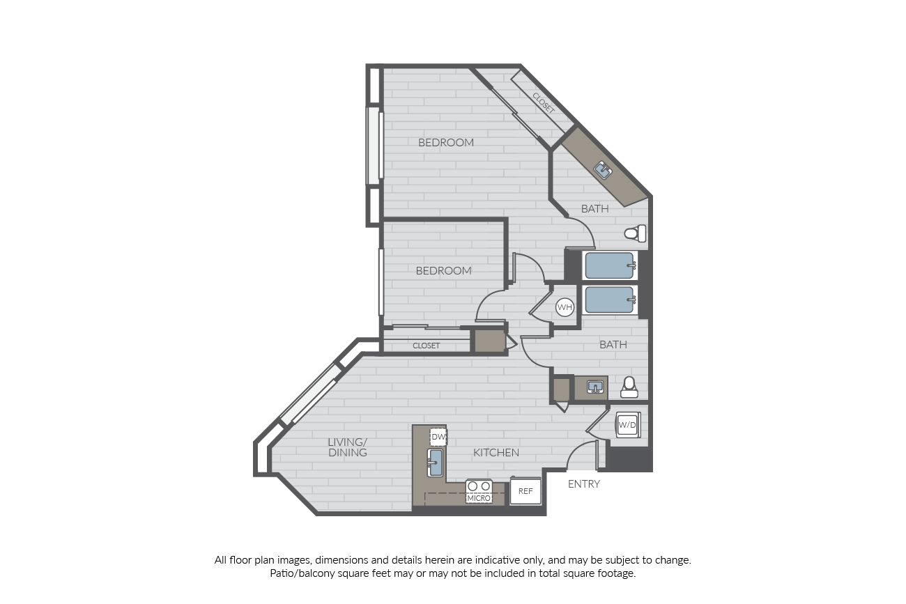 Floor plan for 2 beds, 2 baths, 868 sqft