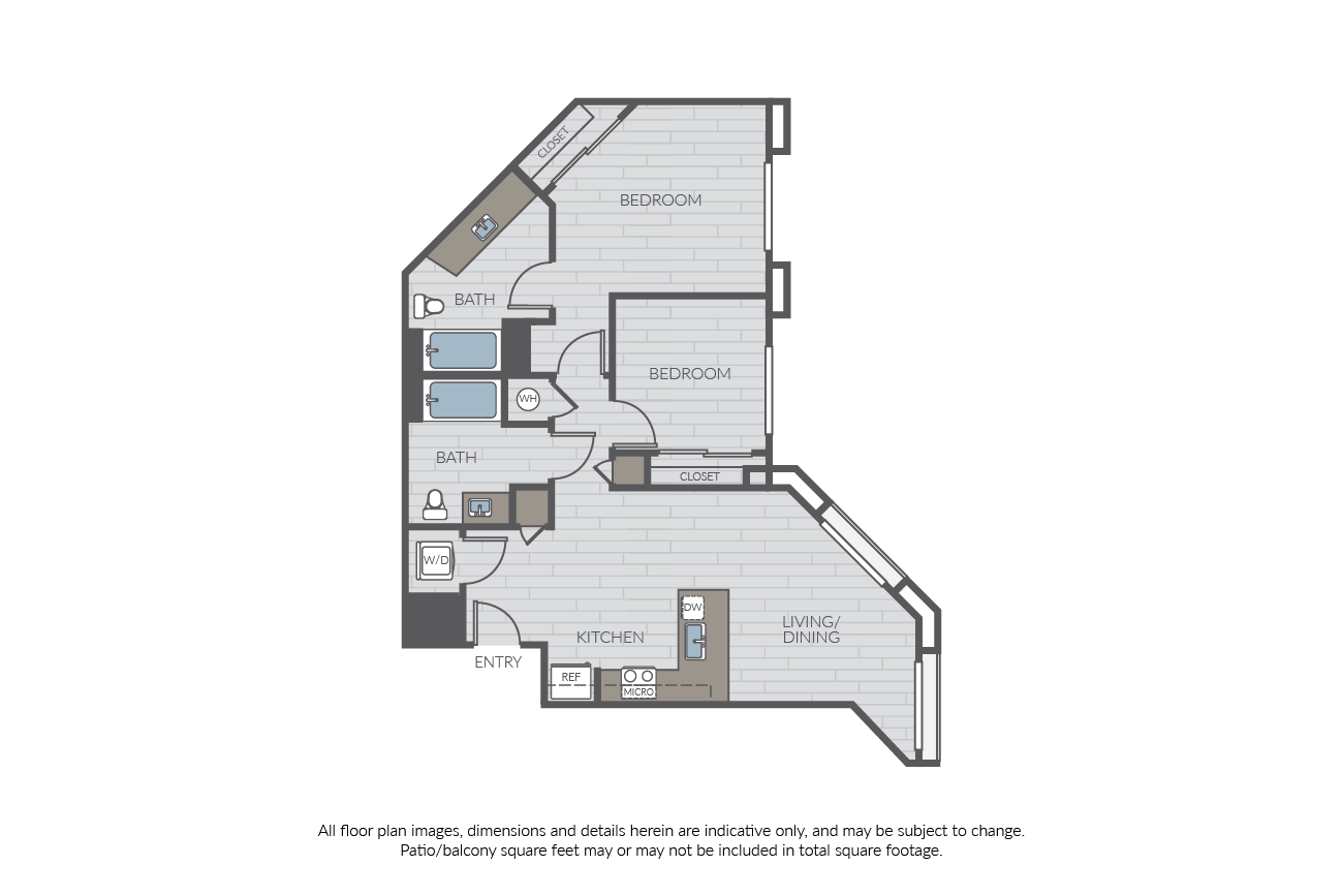 Floor plan for 2 beds, 2 baths, 892 sqft