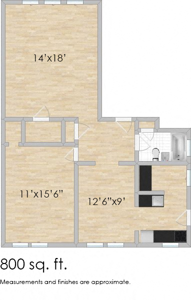 Floor plan for 1 bed, 1 bath, 800 sqft