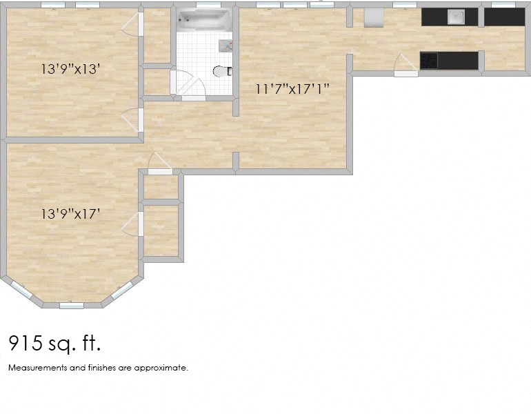Floor plan for 1 bed, 1 bath, 915 sqft
