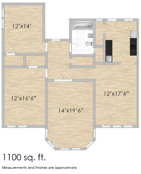Floor plan for 2 beds, 1 bath, 1200 sqft