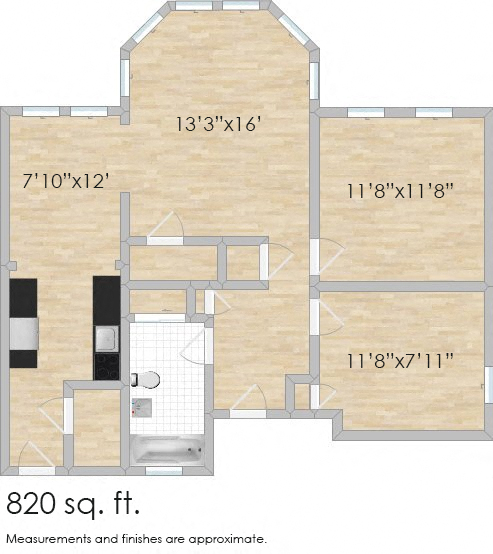 Floor plan for 2 beds, 1 bath, 1200 sqft