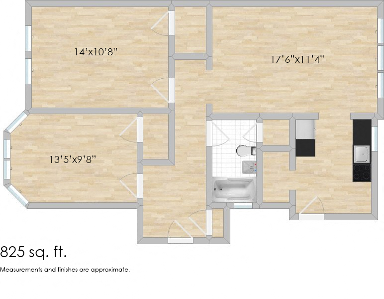 Floor plan for 1 bed, 1 bath, 825 sqft