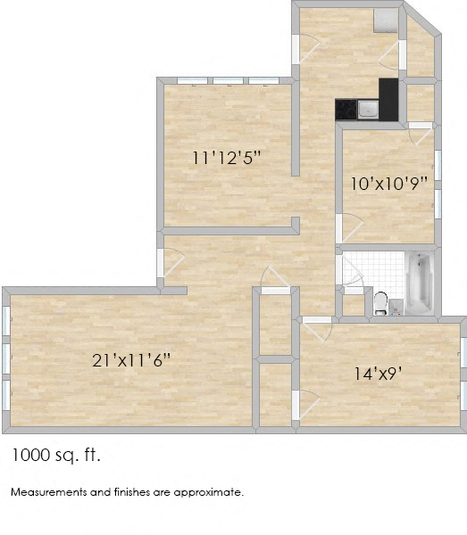 Floor plan for 2 beds, 1 bath, 1000 sqft