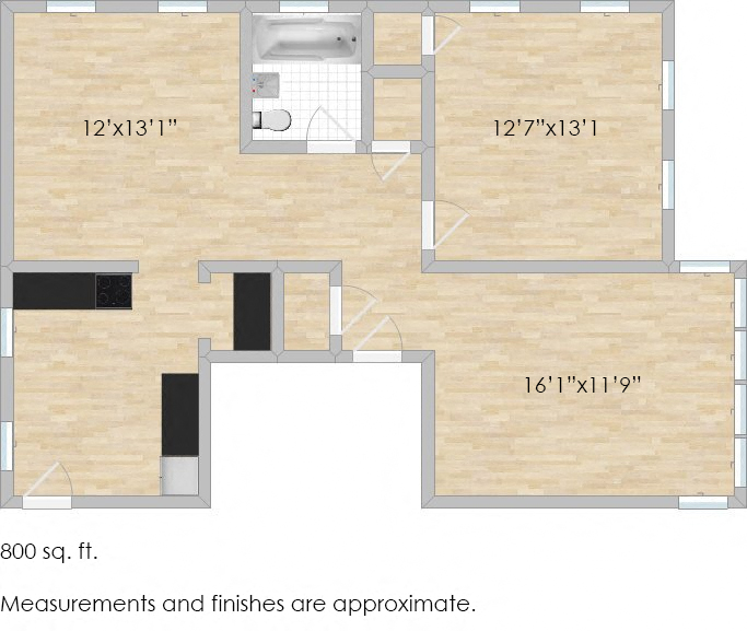 Floor plan for 1 bed, 1 bath, 800 sqft