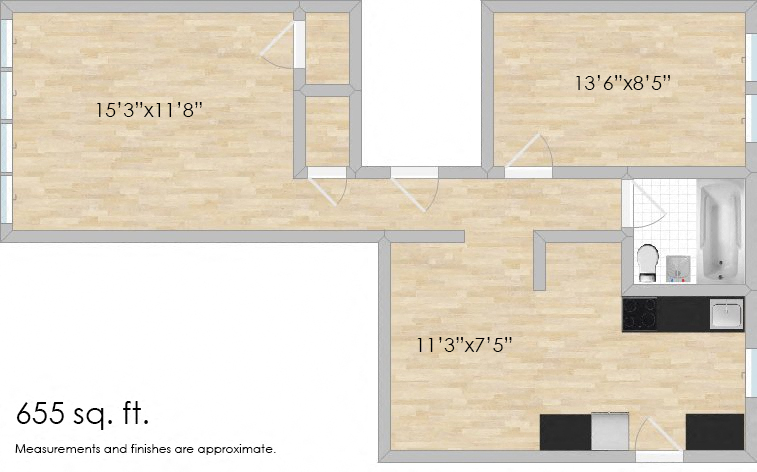 Floor plan for 1 bed, 1 bath, 655 sqft