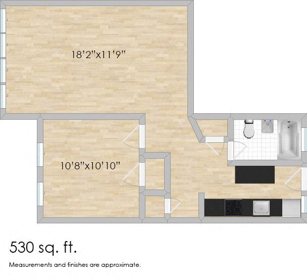 Floor plan for 1 bed, 1 bath, 530 sqft