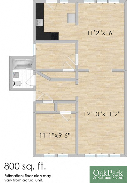 Floor plan for 2 beds, 1 bath, 800 sqft