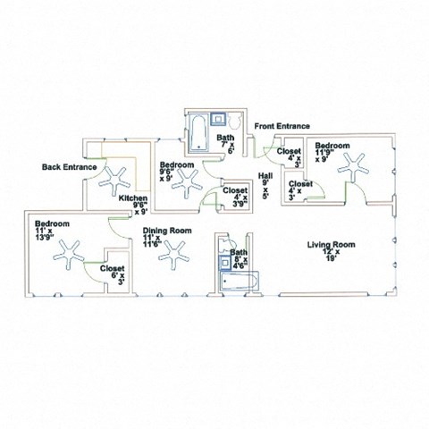 Floor plan for 3 beds, 2 baths, 1000 sqft