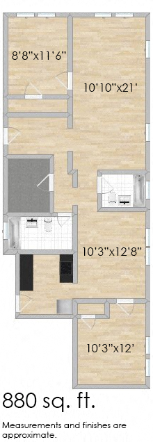 Floor plan for 2 beds, 2 baths, 880 sqft