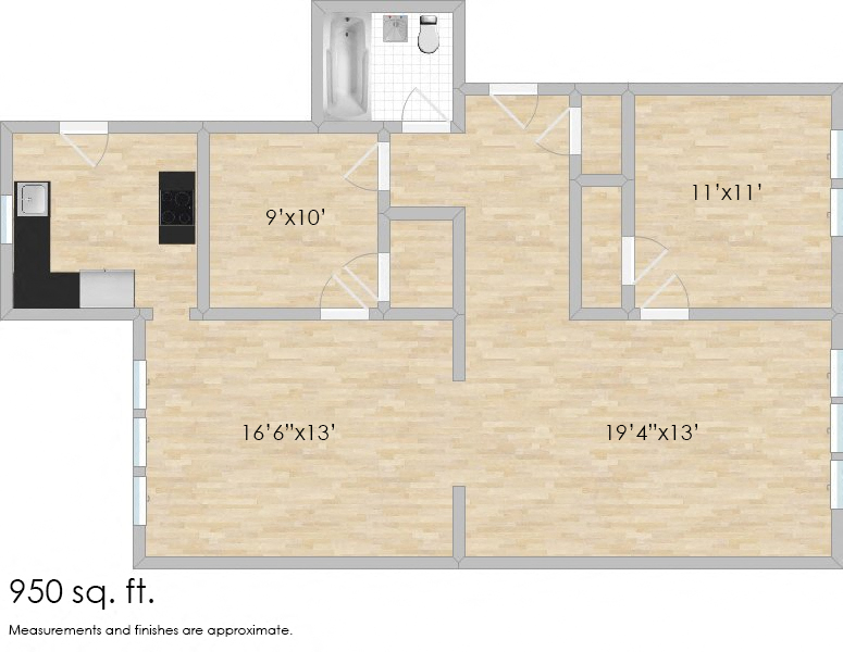 Floor plan for 2 beds, 1 bath, 930 sqft