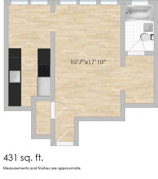 Floor plan for studio, 1 bath, 500 sqft