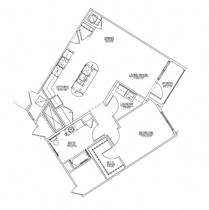 Floor plan for 1 bed, 1 bath, 925 sqft