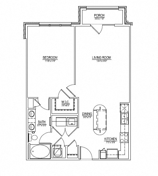 Floor plan for 1 bed, 1 bath, 872 sqft