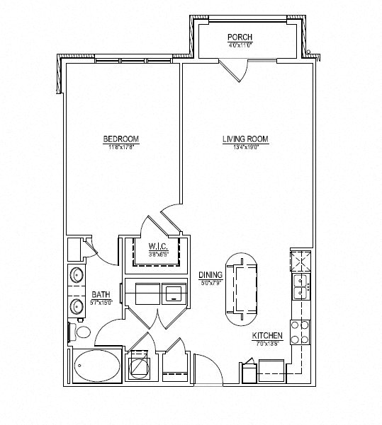 Floor plan for 1 bed, 1 bath, 753 sqft