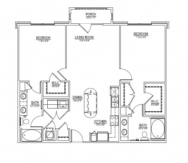 Floor plan for 2 beds, 2 baths, 1121 sqft