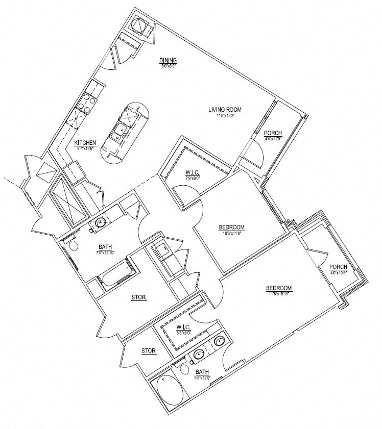 Floor plan for 2 beds, 2 baths, 1244 sqft