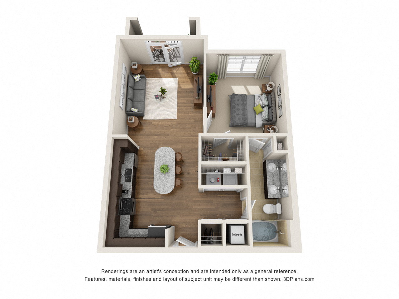 Floor plan for 1 bed, 1 bath, 770 sqft