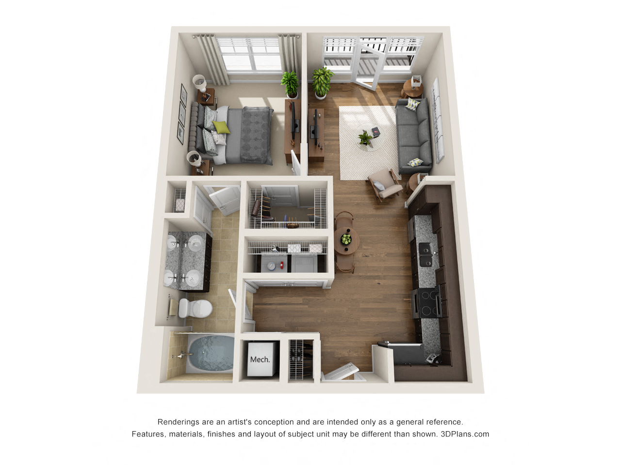 Floor plan for 1 bed, 1 bath, 664 sqft