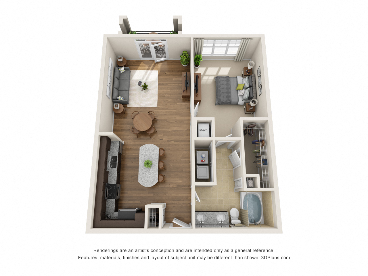 Floor plan for 1 bed, 1 bath, 907 sqft