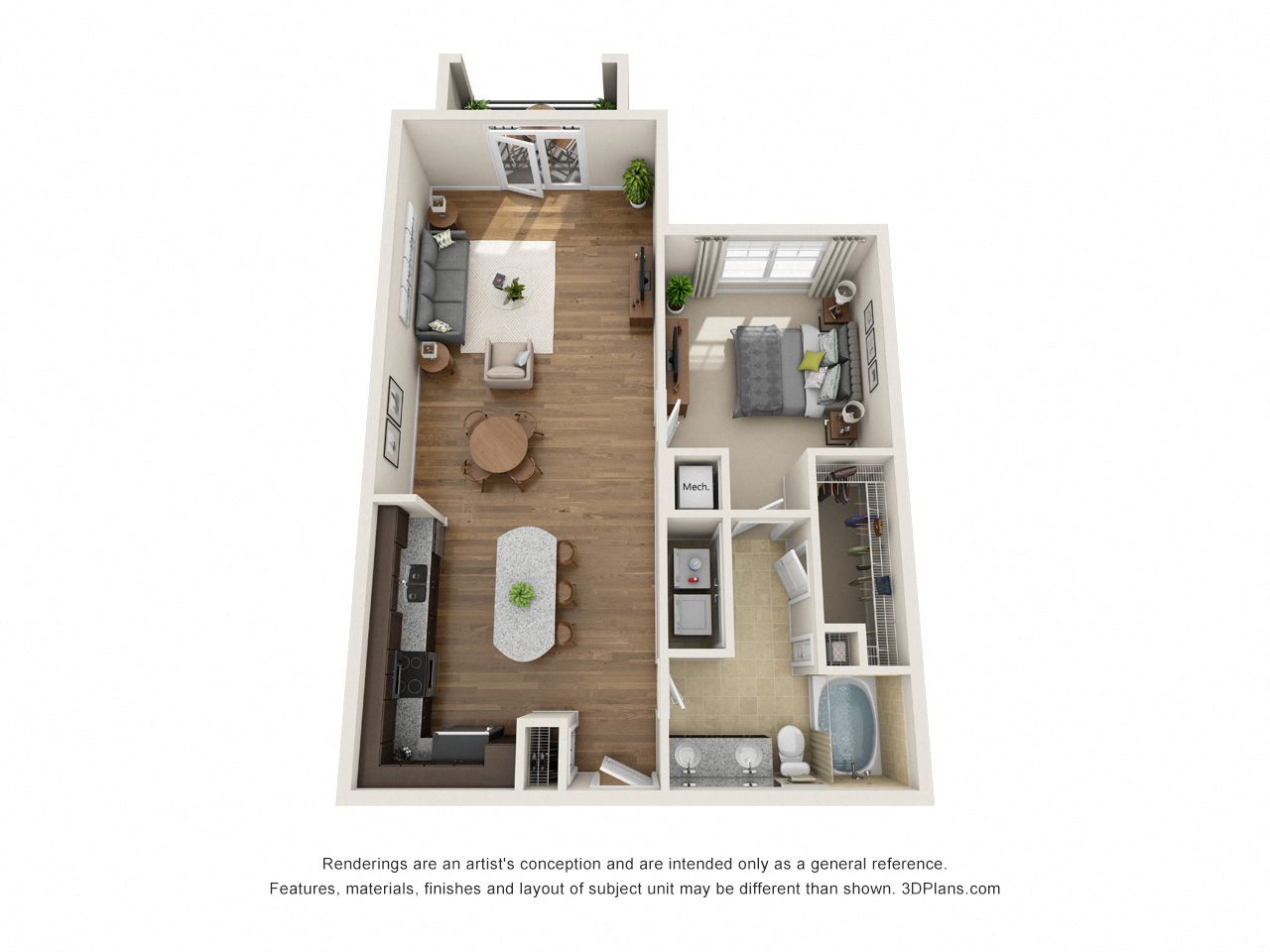 Floor plan for 1 bed, 1 bath, 958 sqft