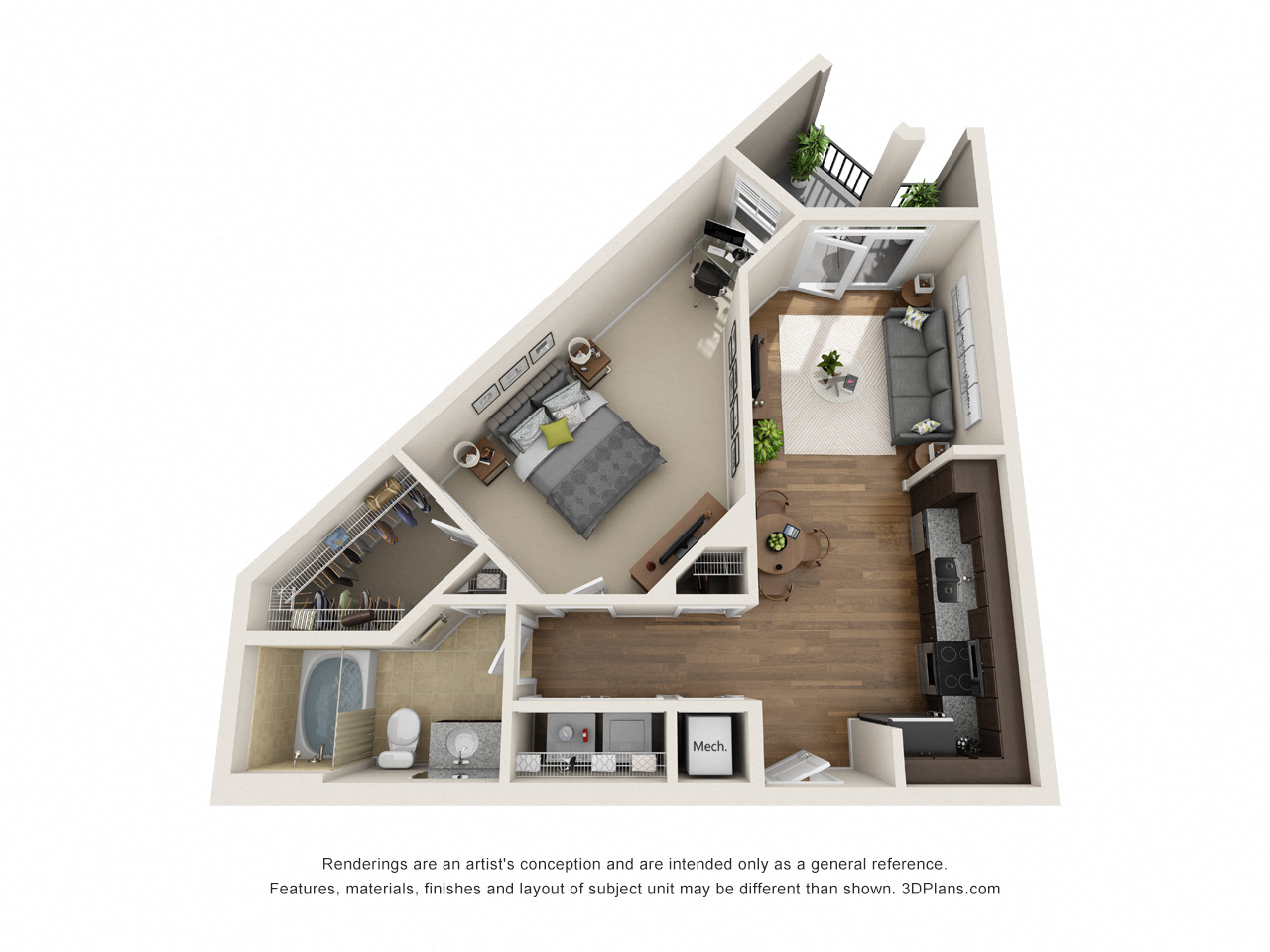 Floor plan for 1 bed, 1 bath, 707 sqft