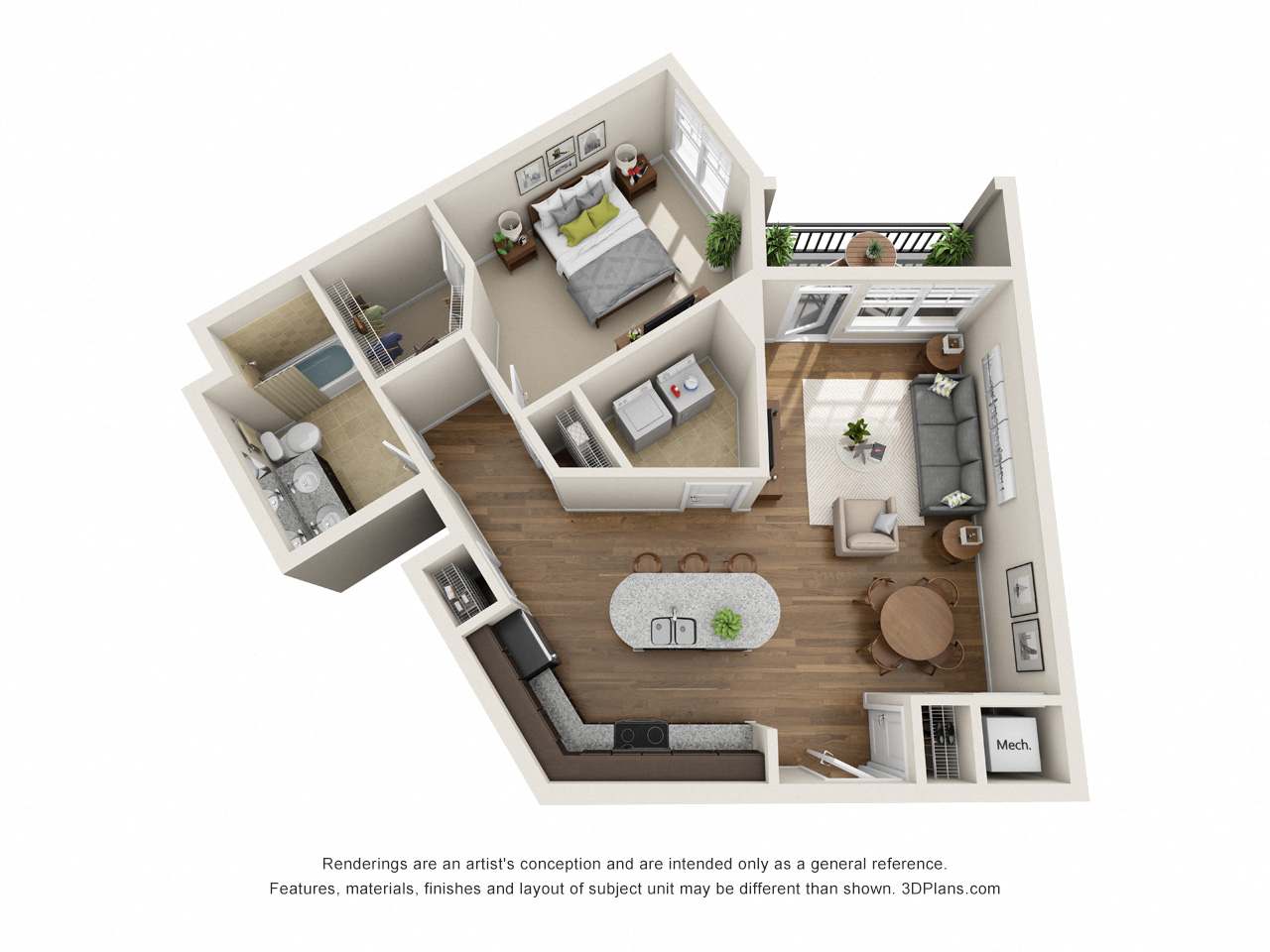 Floor plan for 1 bed, 1 bath, 868 sqft