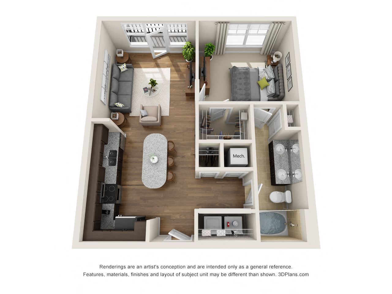 Floor plan for 1 bed, 1 bath, 720 sqft