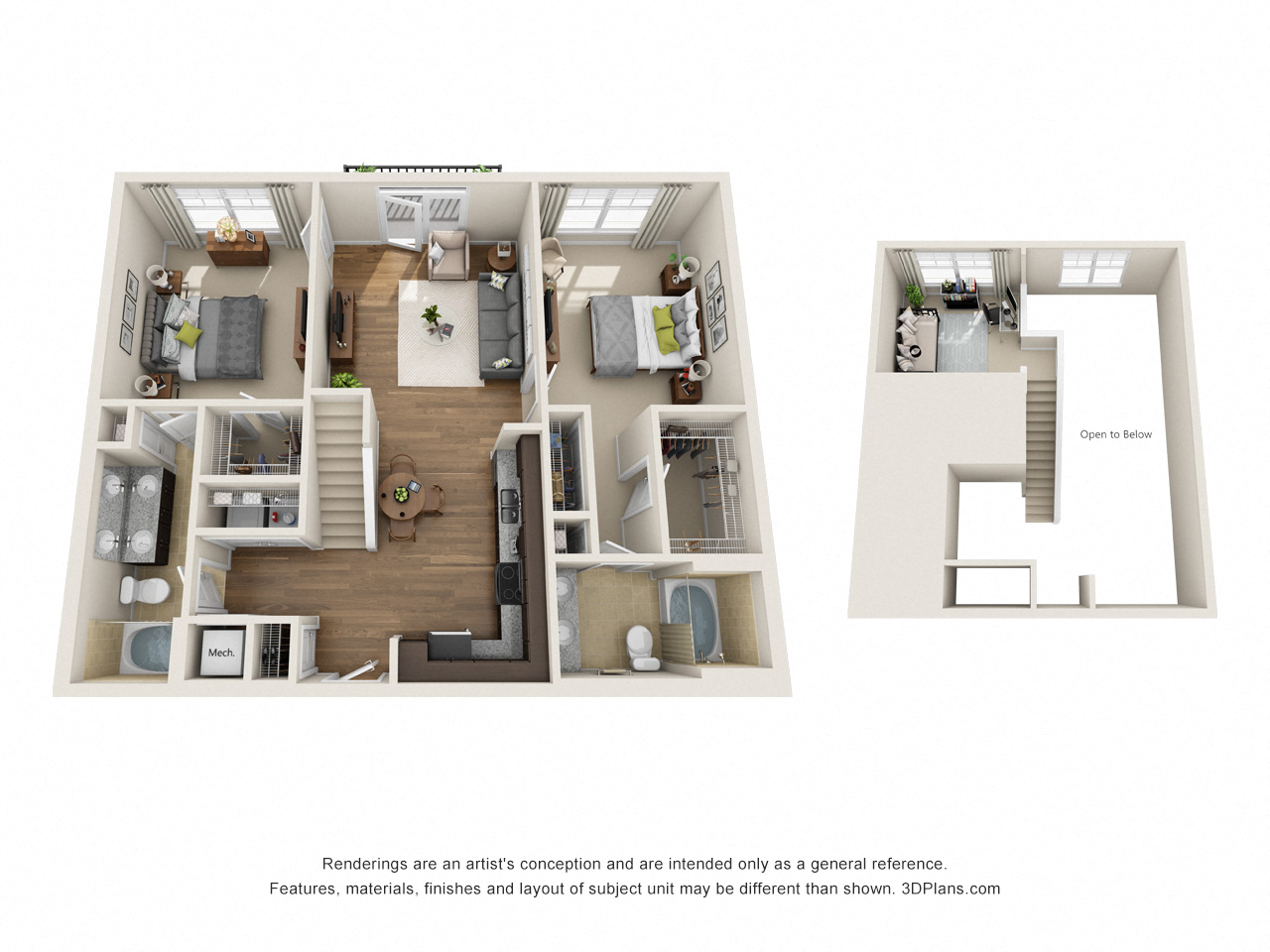 Floor plan for 2 beds, 2 baths, 1268 sqft